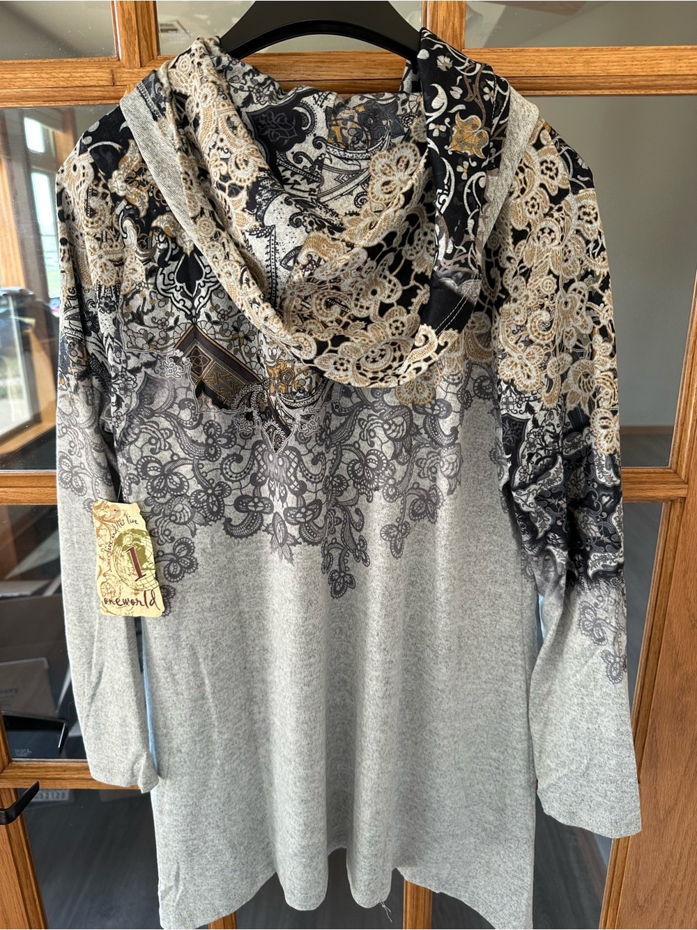 Grey Lace-Print Cowl Neck Tunic Sweater